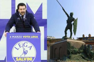 Il logo della Lega e una statua della figura leggendaria alla quale è ispirato