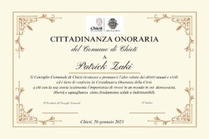 La cittadinanza onoraria concessa a Patrick Zaki dal comune di Chieti