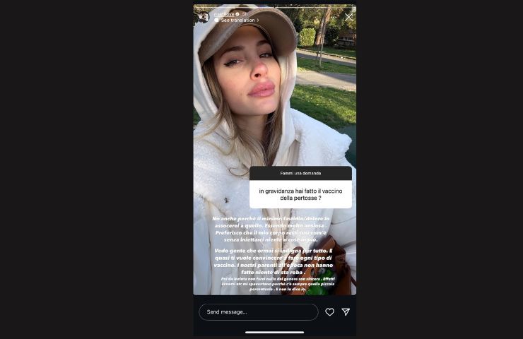 Screenshot della storia Instagram in cui Chiara Nasti parla del vaccino contro la pertosse