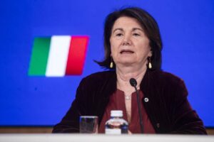 La ministra della Famiglia e Pari opportunita' Eugenia Roccella durante la conferenza stampa al termine del Consiglio dei Ministri (Cdm) sul Ddl di Introduzione del delitto di femminicidio